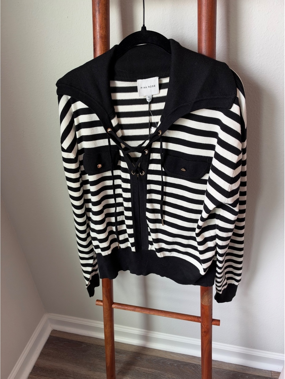 Pink Rose XL Black and White Striped Lace-Up Sweater with Pockets